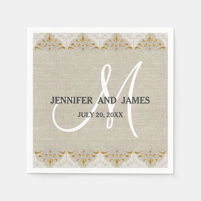 Linen Lace Gold Rustic Wedding Paper Napkins (Front)
