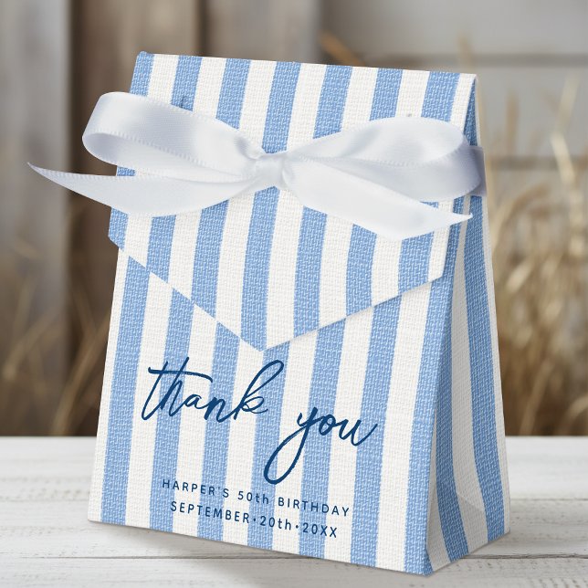 Linen Look Striped Birthday Thank You Blue White Favour Box (Creator Uploaded)