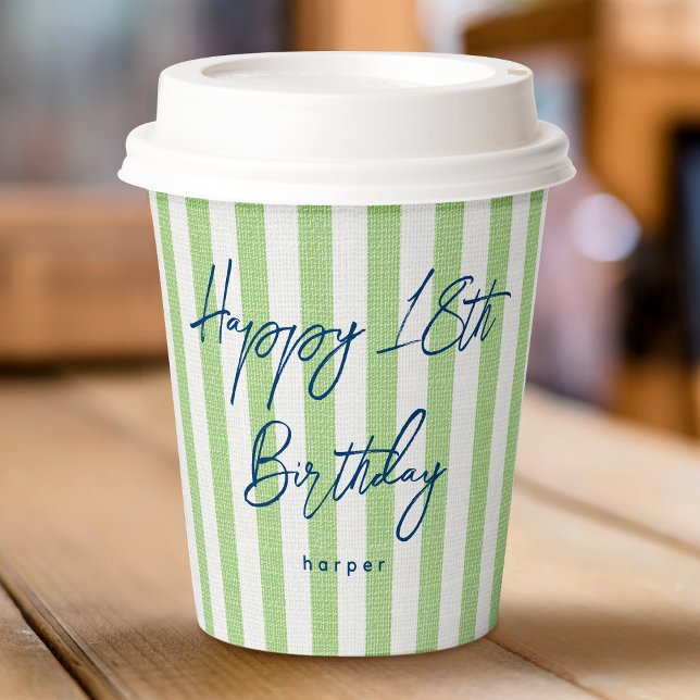 Linen Look Striped Celebration Birthday 18th Green Paper Cups (Creator Uploaded)