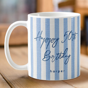 Linen Look Striped Happy Birthday 50th Blue Coffee Mug