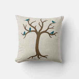 Linen Look Tree with Blue Birds Pillow
