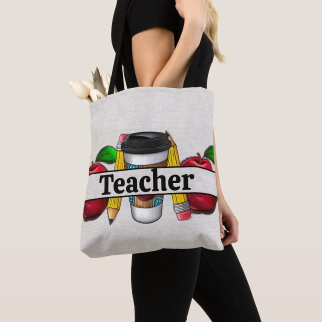 Linen Look with Apples and Pencils Teachers Tote Bag (Close Up)
