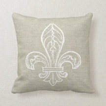 Linen Look with White Fleur de Lis Pillow