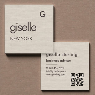 Linen Monogram QR Code Minimalist  Square Business Card