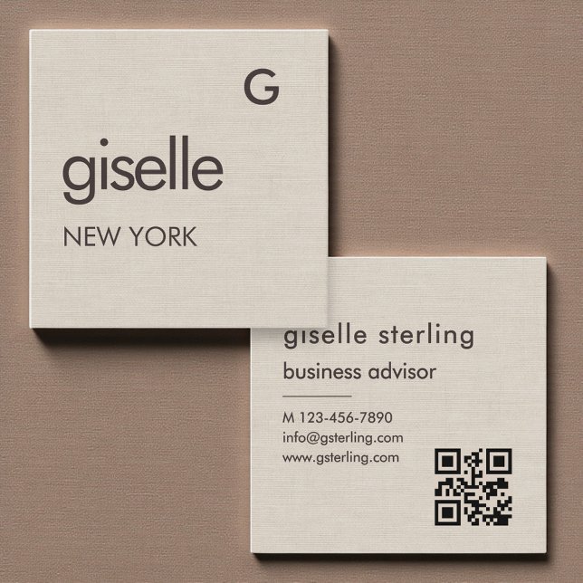 Linen Monogram QR Code Minimalist  Square Business Card (Creator Uploaded)