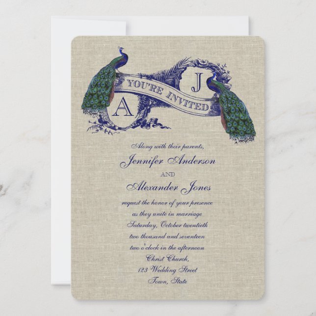 Linen Peacock Rustic Wedding Invitation (Front)