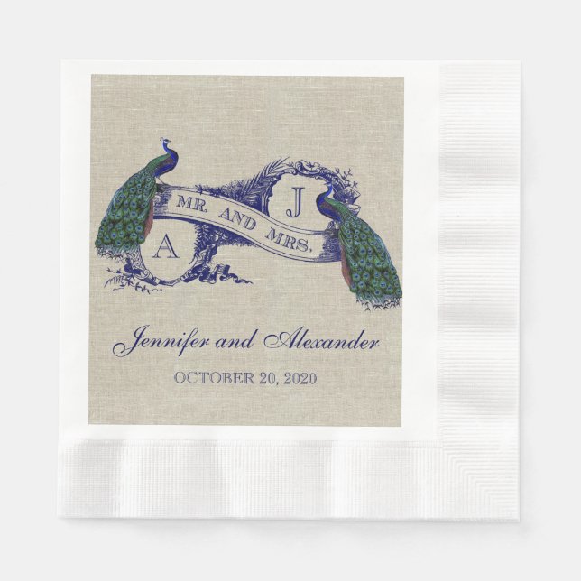 Linen Peacock Rustic Wedding Paper Napkins (Front)