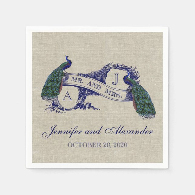 Linen Peacock Rustic Wedding Paper Napkins (Front)