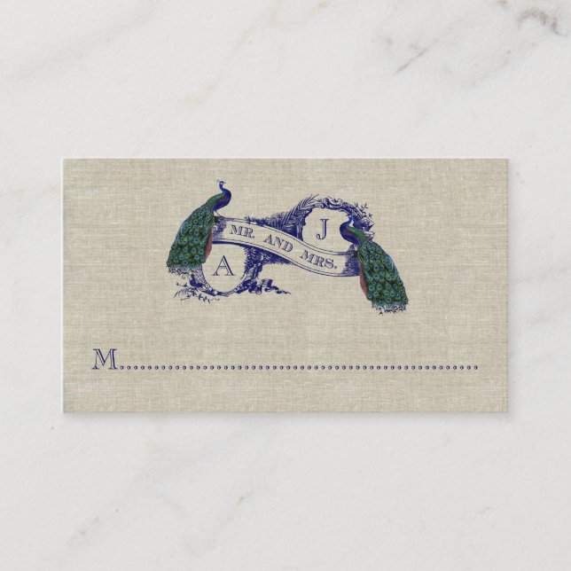 Linen Peacock Rustic Wedding Place Card (Front)
