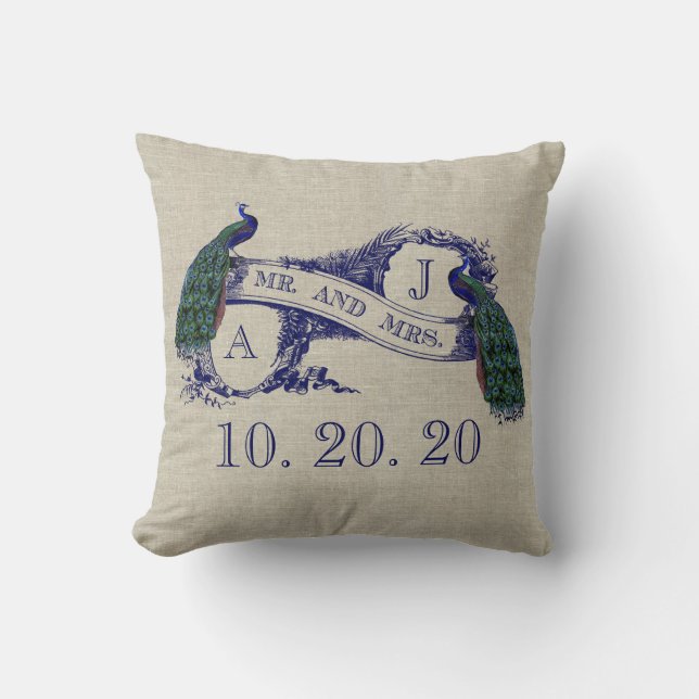 Linen Peacock Rustic Wedding Sweetheart Pillow (Front)