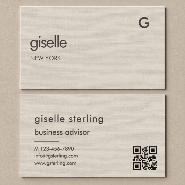 Linen QR Code Minimalist Monogram  Business Card (Creator Uploaded)