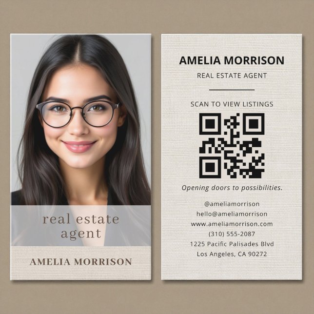Linen Real Estate Agent QR Code Photo  Business Card (Creator Uploaded)