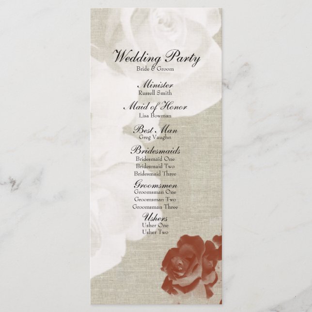 Linen Red White Ghost Roses Wedding Program (Front)