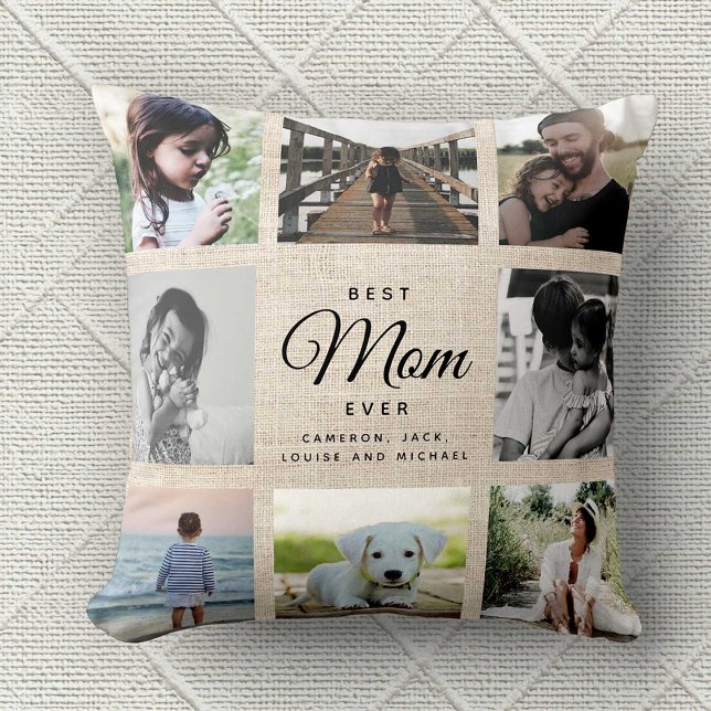 Linen Rustic Mother's Day Mom Family Photo Collage Cushion (Creator Uploaded)