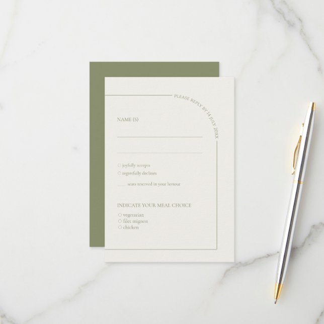  Linen & Sage Green Arch Minimalist w Meal Choice  RSVP Card (Front/Back In Situ)