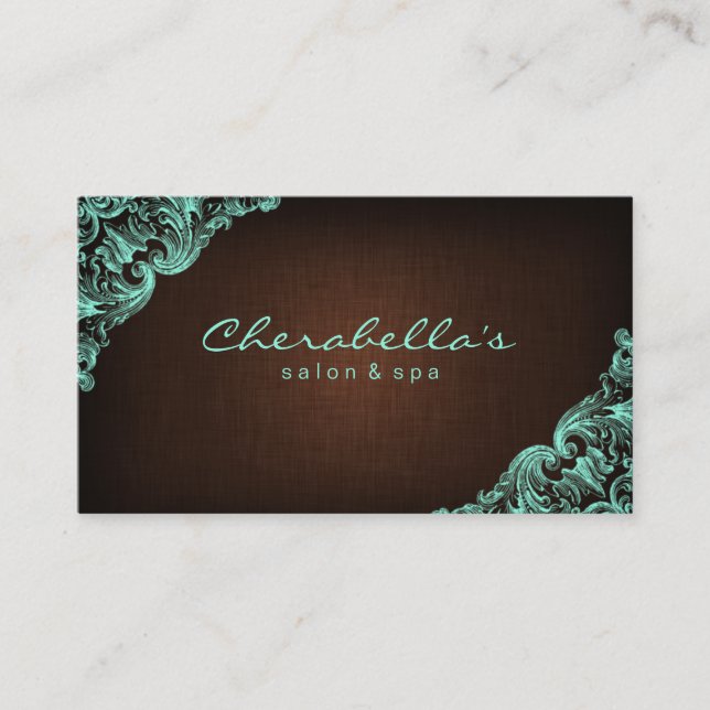 Linen Salon Spa Floral Business Card Brown Mint (Front)