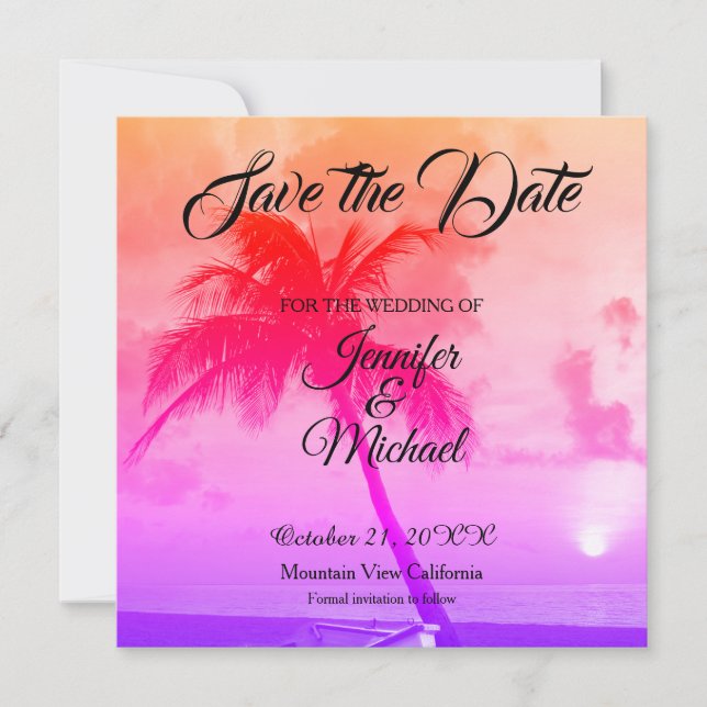 Linen Save the Date Wedding Palm Trees Exotic (Front)