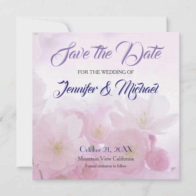 Linen Save the Date Wedding Pink Flowers Elegant (Front)