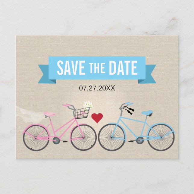 Linen Style Bicycle Wedding Save the Date Announcement Postcard (Front)