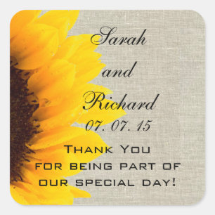 Linen Sunflower Thank You Wedding Favour Square Sticker