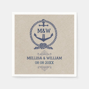 Linen Texture & Blue Boat Anchor Wedding Design Napkin