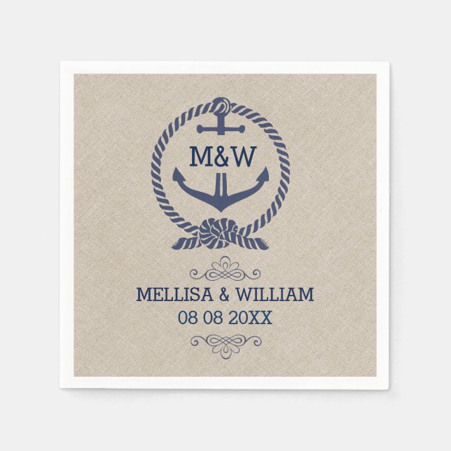 Linen Texture & Blue Boat Anchor Wedding Design Napkin (Front)