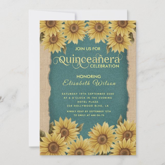 Linen vintage sunflower turquoise Quinceañera  Invitation (Front)