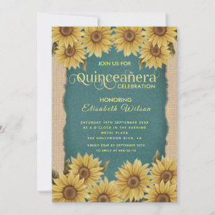 Linen vintage sunflower turquoise Quinceañera  Invitation