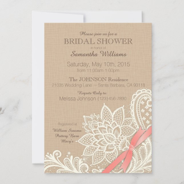 Linen White Lace and Coral Ribbon Bridal Shower Invitation (Front)