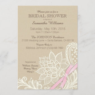 Linen White Lace and Pink Ribbon Bridal Shower Invitation