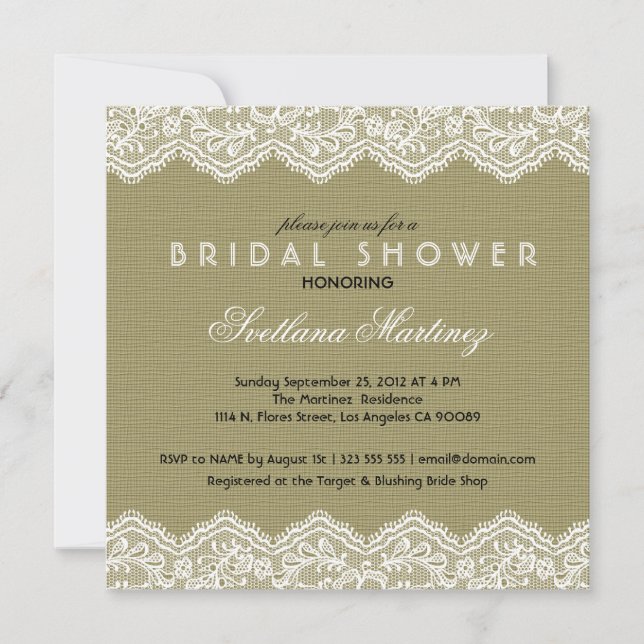 Linen & White Lace Bridal Shower Invite (Front)