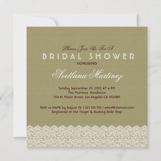 Linen & White Lace Bridal Shower Invite (Front)
