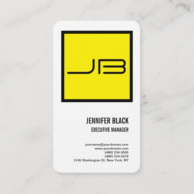 Linen Yellow White Bold Monogram Minimalist Modern Business Card (Front)