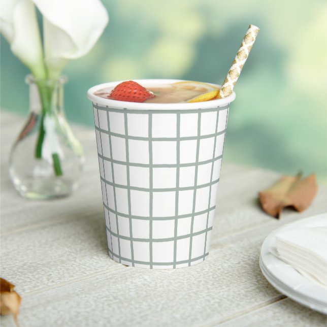 Lines Grid Hand-Drawn Rustic Whimsical Sage White Paper Cups (Insitu)