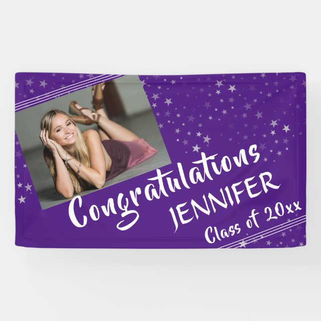 Lines & Stars | Editable Purple | Photo Graduation Banner (Horizontal)