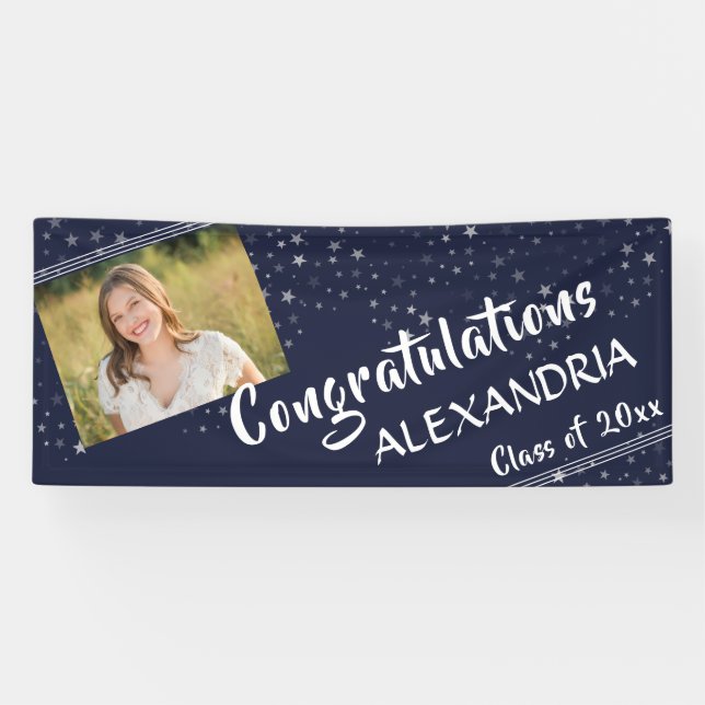 Lines & Stars | Navy Blue | Photo Graduation Banner (Horizontal)