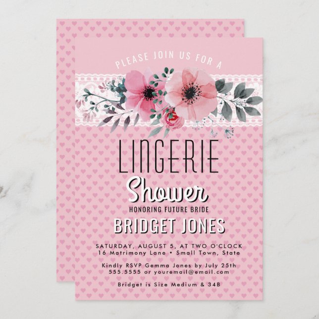 Lingerie Bridal Shower Pink Floral Hearts Lace Invitation (Front/Back)