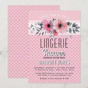 Lingerie Bridal Shower Pink Floral Hearts Lace Invitation