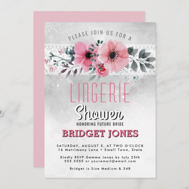 Lingerie Bridal Shower Pink Watercolor Floral Lace Invitation (Front/Back)
