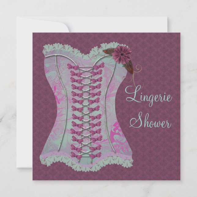 Lingerie Bridal Shower Plum Teal Corset Damask Invitation (Front)