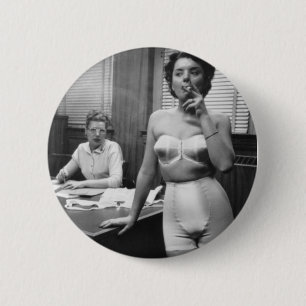 Lingerie model smoking in an office 6 cm round badge