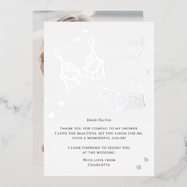 Lingerie Party Bridal Shower Photo Thank You Foil Holiday Card (Front/Back)