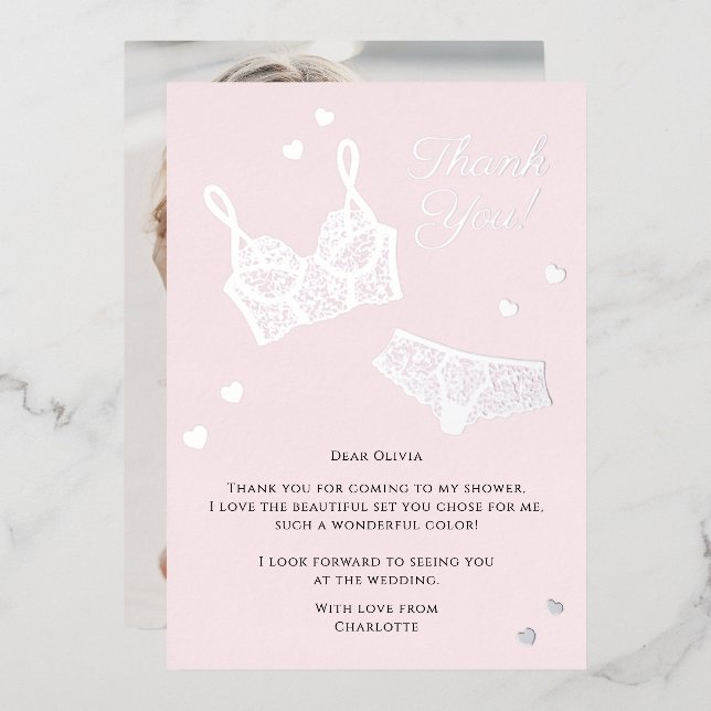 Lingerie Party Bridal Shower Photo Thank You Foil Holiday Card (Front/Back)