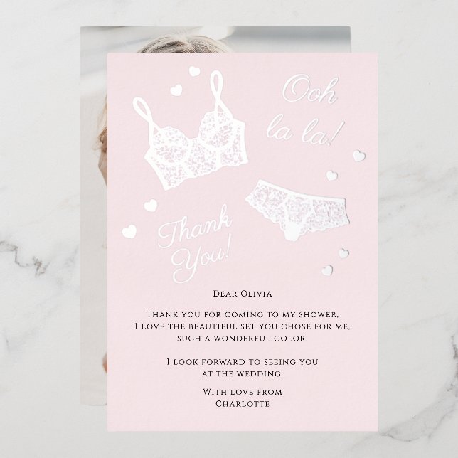 Lingerie Party Bridal Shower Photo Thank You Foil Holiday Card (Front/Back)