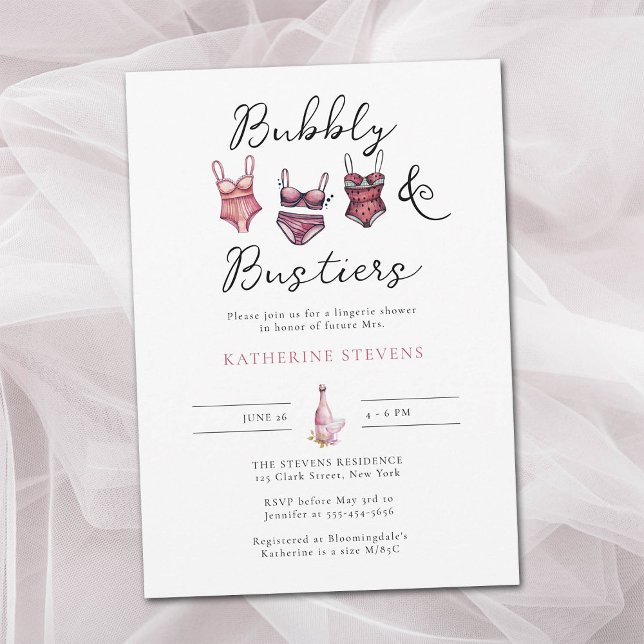 Lingerie Party Bubbly Bustiers Chic Bridal Shower Invitation (lingerie shower bubbly bustiers bridal invite watercolor pink blush gold eucalyptus classy chic pink)
