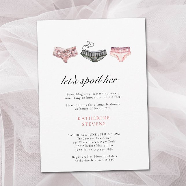 Lingerie Party Lets Spoil Her Pink Bridal Shower Invitation (lingerie shower invitation bridal lets spoil her something sexy sweet watercolor underwear classy)