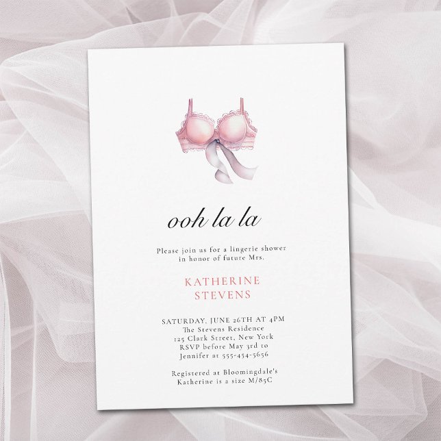 Lingerie Party Ooh La La Ribbon Bridal Shower Invitation (lingerie party invitation bridal pink bra black ribbon watercolor pretty illustration minimalist )