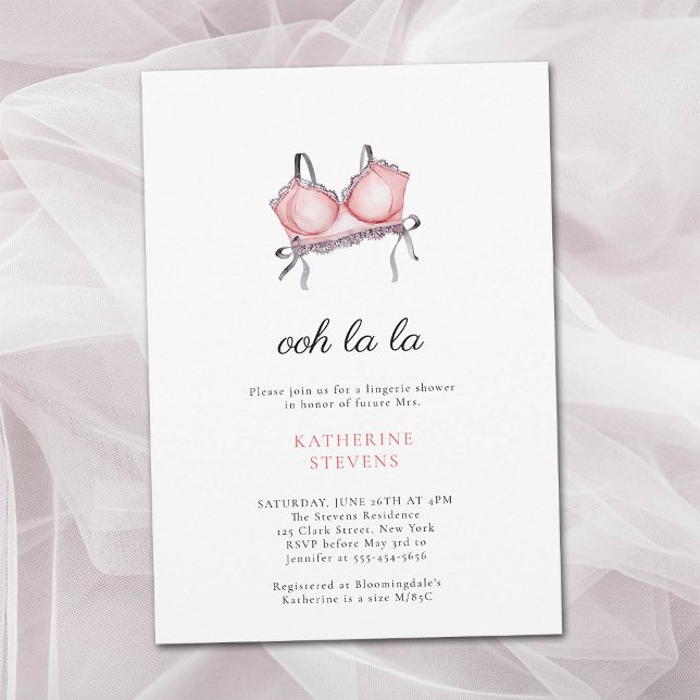 Lingerie Party Ooh La La Ribbons Bridal Shower Invitation (lingerie shower bridal invite pink ribbons lace bra modern minimalist elegant classy watercolor chic)
