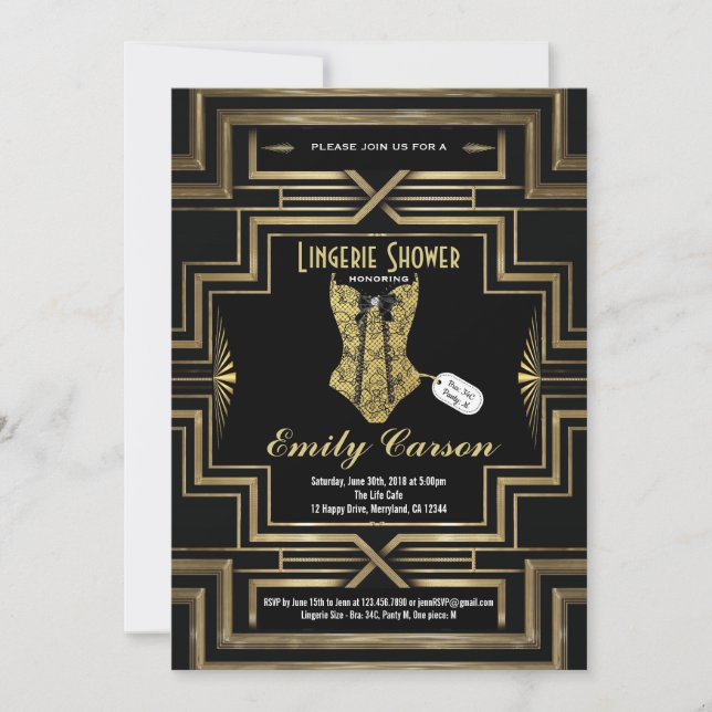 Lingerie shower black and gold art deco party invitation (Front)
