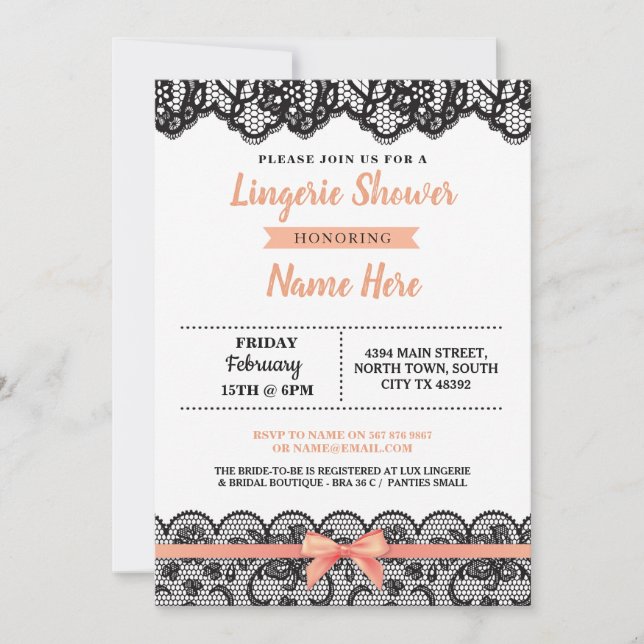 Lingerie Shower Bow Invitation Peach Black Lace (Front)